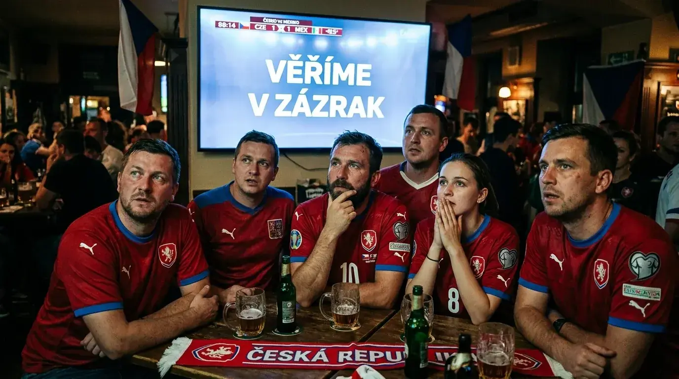 Čeští fanoušci v dresech sledují noční zápas mistrovství světa