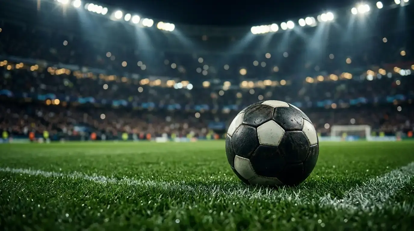 Detail fotbalového míče na trávníku osvětleného stadionu, symbol vyřazovací fáze turnaje