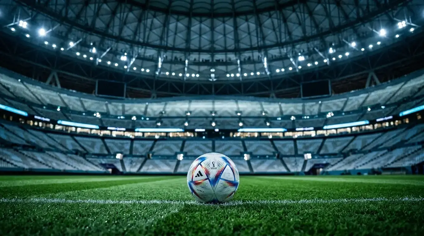 Fotbalový míč na trávníku moderního stadionu s uzavíratelnou střechou ve večerním osvětlení