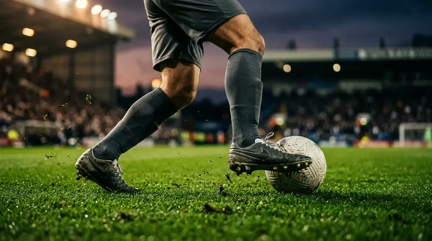 Detail nohou fotbalisty vedoucího míč na zeleném trávníku při večerním zápase