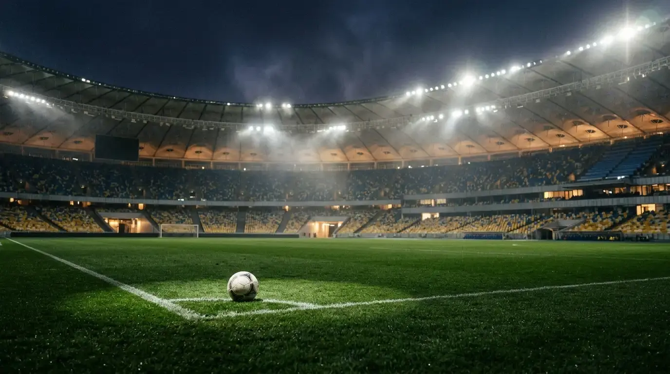 Noční fotbalový stadion s reflektory a míčem na trávníku po dramatickém vyřazovacím zápase