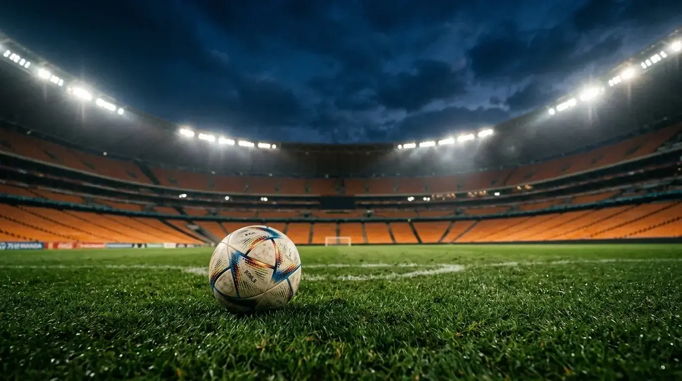 Noční fotbalový stadion s reflektory a míčem na trávníku po dramatickém vyřazovacím zápase