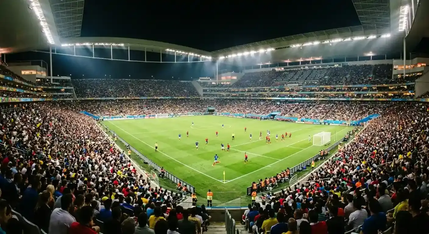 Fotbalový stadion v noci s rozsvícenými tribunami a hráči na trávníku během mistrovství světa