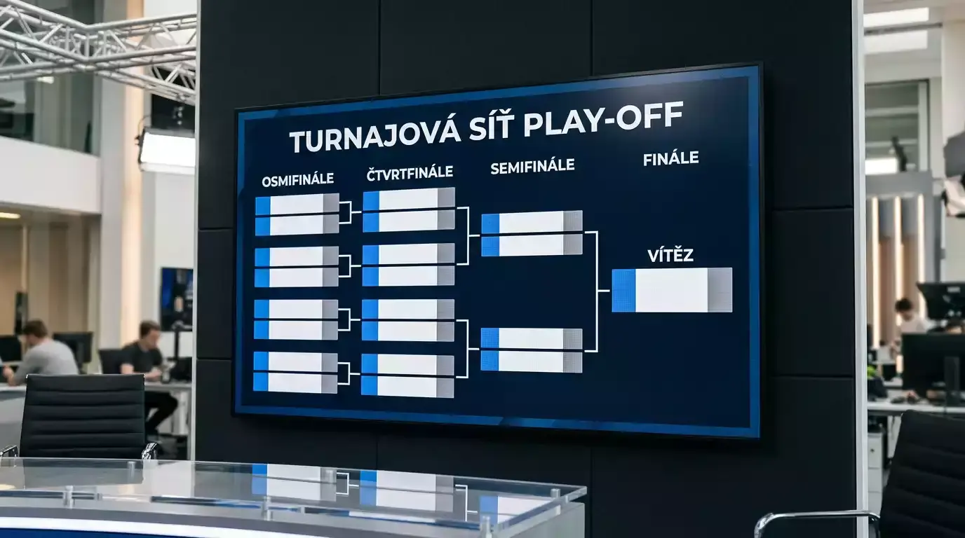 Stylizované schéma turnajového pavouka vyřazovací fáze na tmavém pozadí
