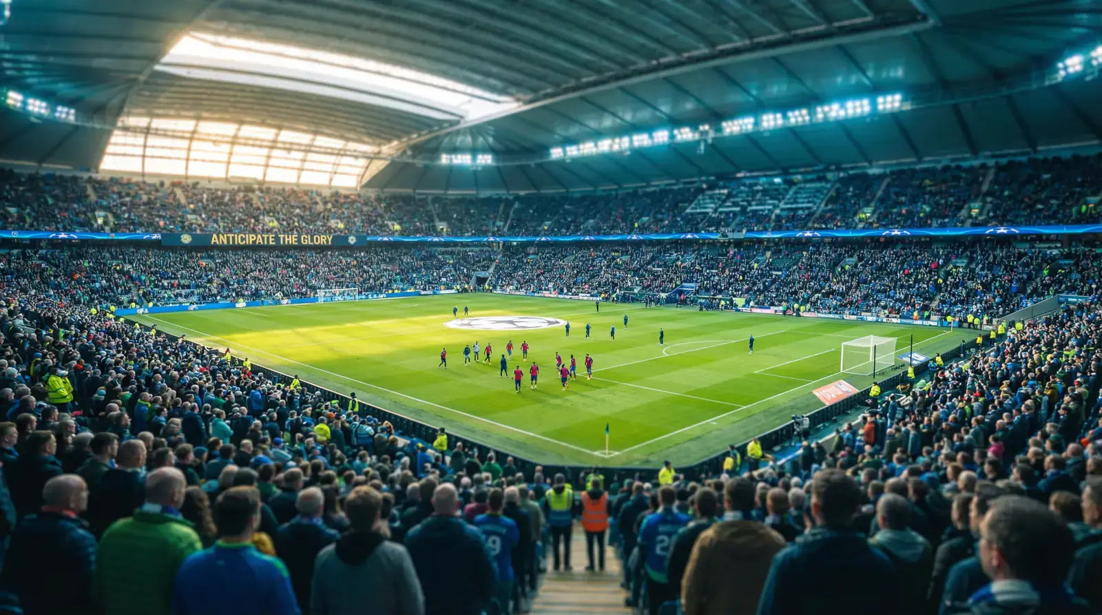 Pohled na fotbalové hřiště z tribuny stadionu před zápasem mistrovství světa