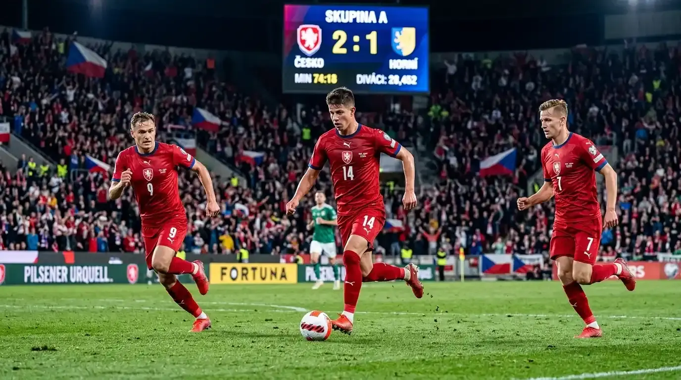 Fotbalisté národního týmu zapojení do hry na stadionu během večerního zápasu
