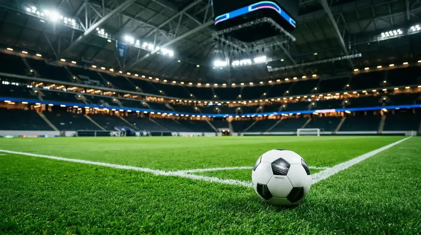 Fotbalový míč na trávníku moderního krytého stadionu před večerním zápasem