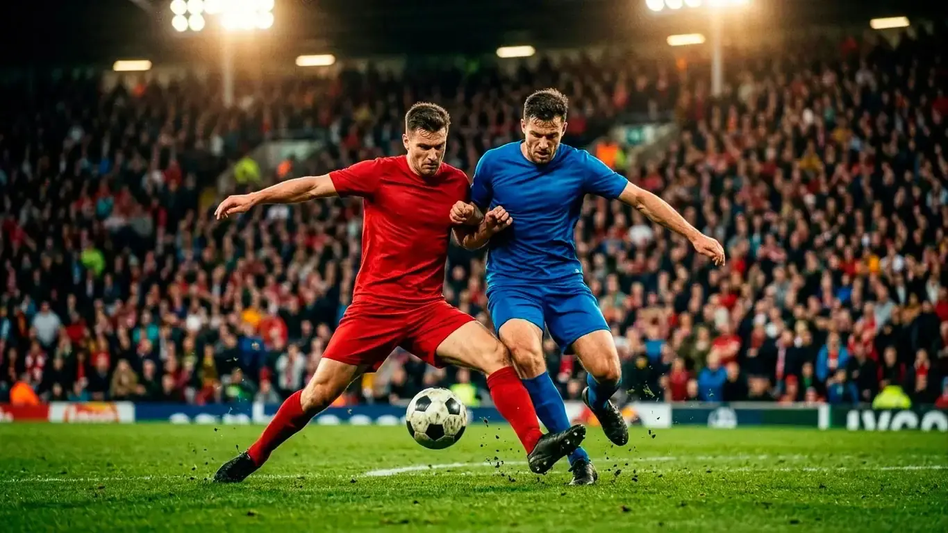 Fotbalisté dvou týmů v souboji o míč na osvětleném trávníku během zápasu