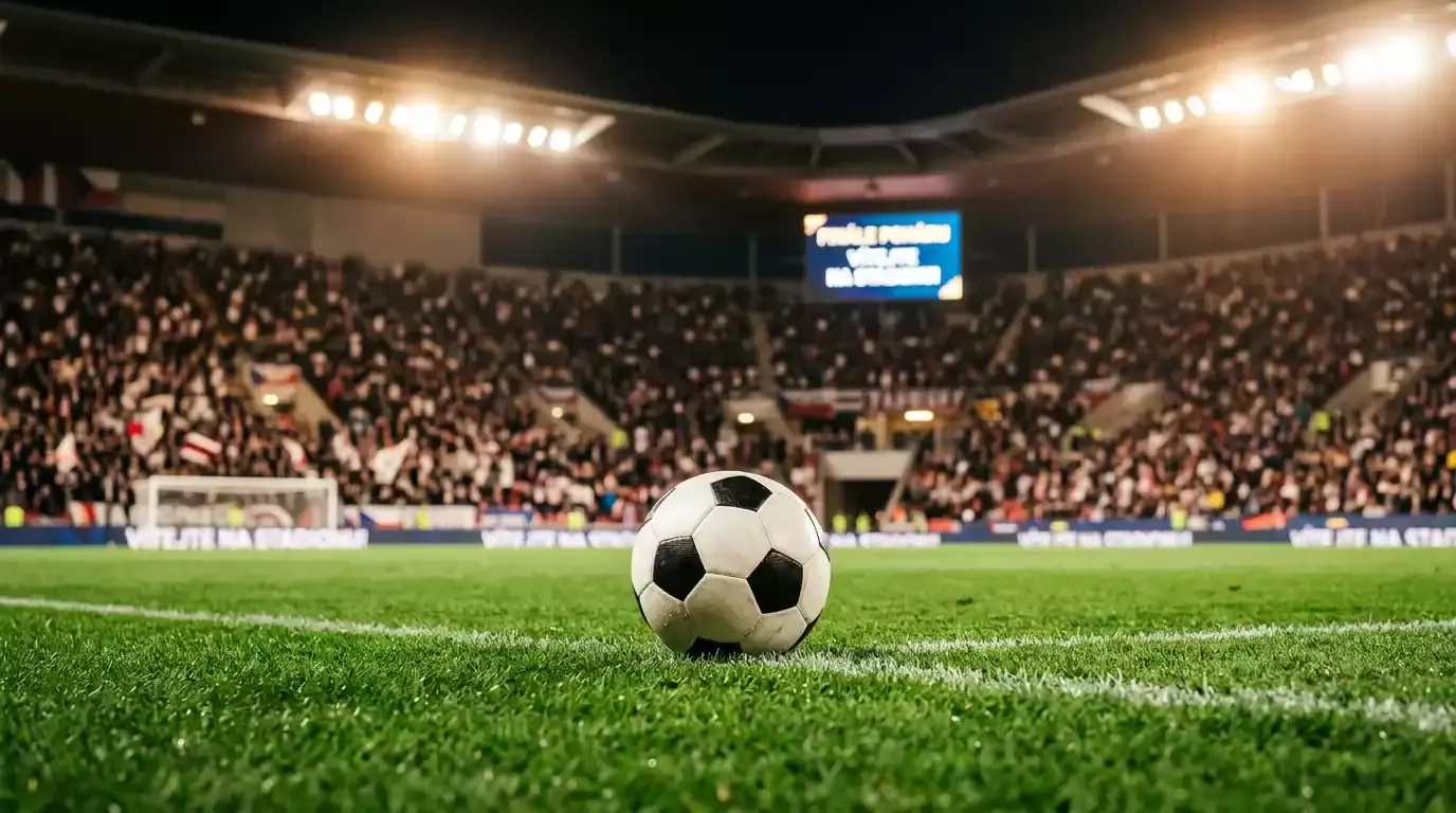 Fotbalový míč na trávníku osvětleného stadionu, v pozadí rozmazané tribuny