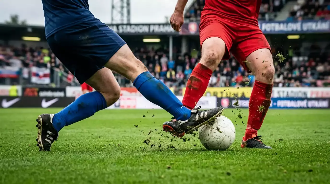 Detail nohou fotbalistů v souboji o míč na zeleném trávníku