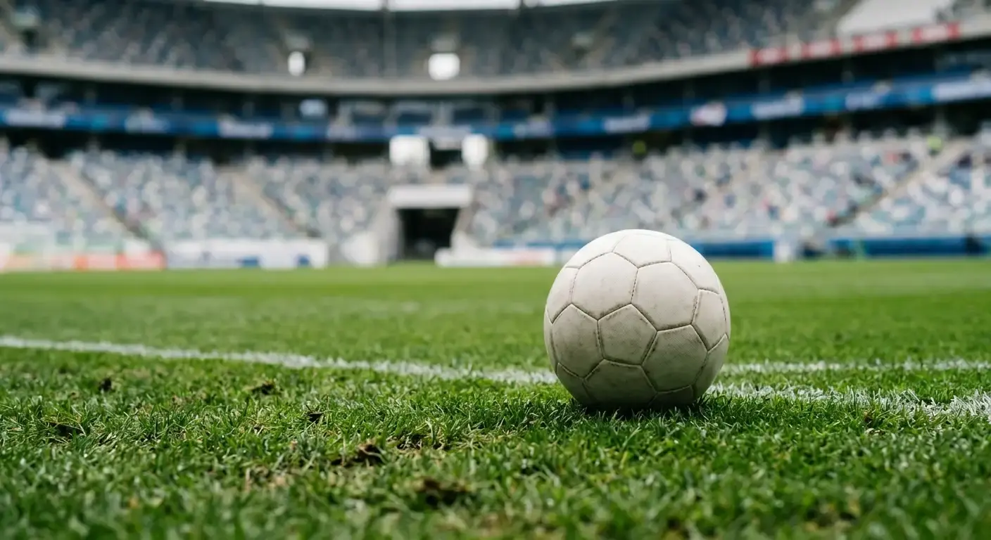 Detailní pohled na fotbalový míč na trávníku stadionu před výkopem zápasu