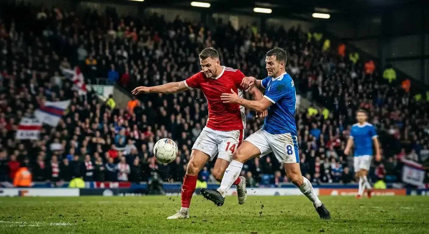 Fotbalisté dvou týmů v souboji o míč na osvětleném trávníku během zápasu