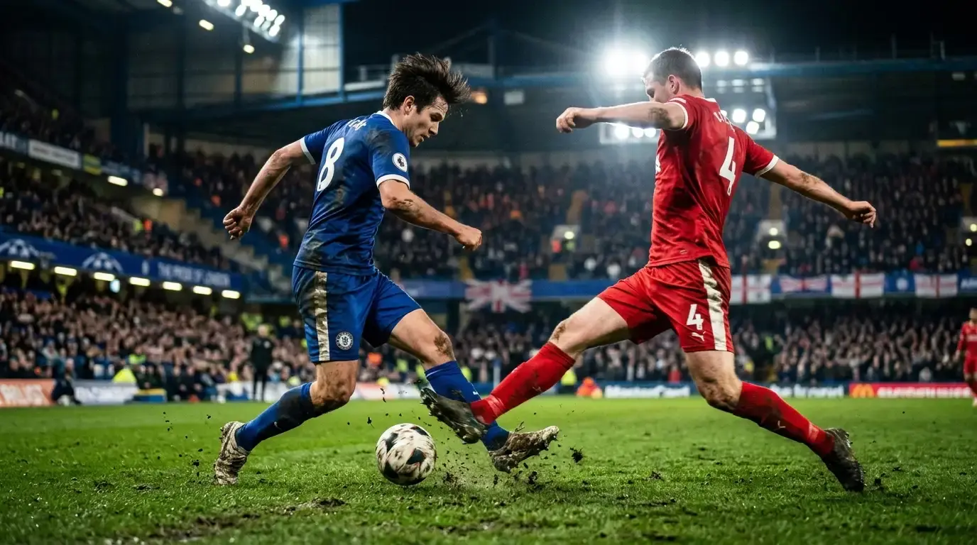 Dva fotbalisté v soubojích o míč na osvětleném trávníku během večerního zápasu