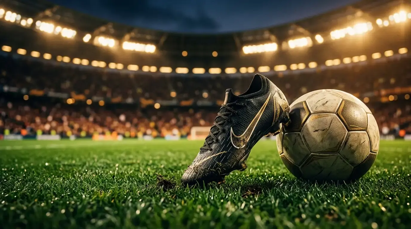 Fotbalový míč a kopačka na trávníku osvětleného stadionu, symbol souboje o krále střelců