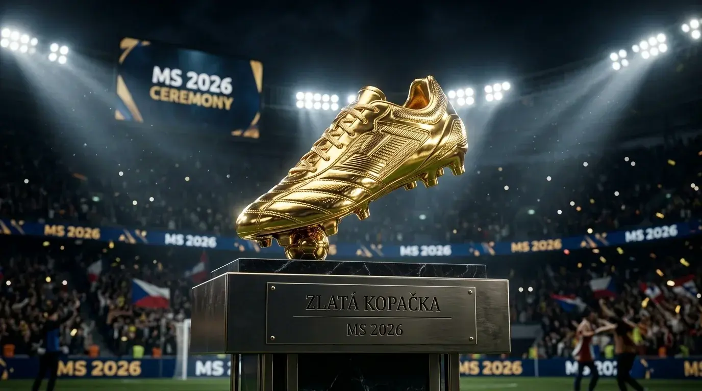 Zlatá fotbalová kopačka jako trofej pod reflektory stadionu